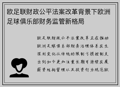 欧足联财政公平法案改革背景下欧洲足球俱乐部财务监管新格局 欧足联财政公平法案改革背景下欧洲足球俱乐部财务监管新格局